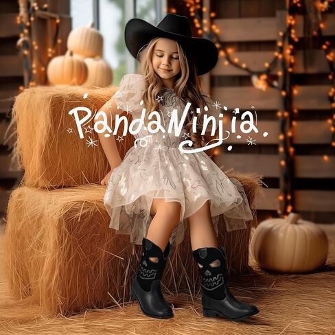 PANDANINJIA Girls Cowboy Boots For Boys Kids Toddler Western Mid Calf Cowgirl Boots Riding Shoes With Halloween Skull Element Booties in Saudi Arabia