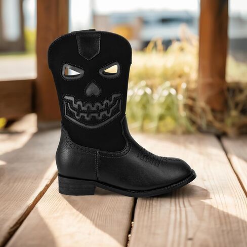 PANDANINJIA Girls Cowboy Boots For Boys Kids Toddler Western Mid Calf Cowgirl Boots Riding Shoes With Halloween Skull Element Booties in Saudi Arabia