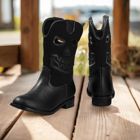 PANDANINJIA Girls Cowboy Boots For Boys Kids Toddler Western Mid Calf Cowgirl Boots Riding Shoes With Halloween Skull Element Booties in Saudi Arabia
