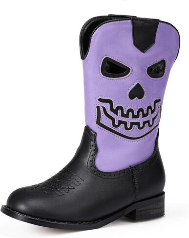PANDANINJIA Girls Cowboy Boots For Boys Kids Toddler Western Mid Calf Cowgirl Boots Riding Shoes With Halloween Skull Element Booties in Saudi Arabia