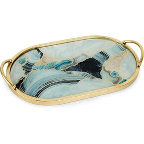 Jewelry Tray, Gold-Tone Oval Bathroom Tray, Marbled Perfume Tray, Decorative Vanity Tray, 15.7''x9.8'' Glass Bath Tray for Tub, Elegant Serving Tray for Home Decor