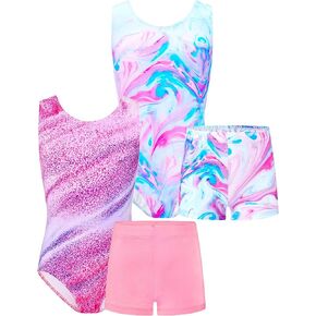 TENVDA Bundles of Gymnastics Leotards for Girls 5-6 Years Old Pink Blue Marble and Stripes Print Sleeveless Tumbling Outfit Matching Shorts Sets in Kuwait
