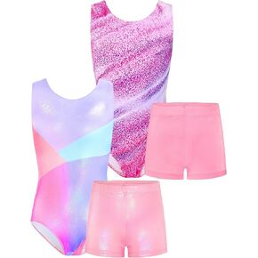 TENVDA Bundles of Gymnastics Leotards for Girls 6-7 Years Old Pink Blue and Stripes Print Tumbling Outfit Matching Shorts Sets