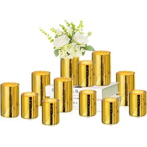 Hewory Gold Hurricane Candle Holders: Set of 12 Glitter Glass Candle Holders for Table Centerpieces, Mercury Pillar Candle Holder Cylinder Vases for Christmas Wedding Holiday Party Home Table Decor