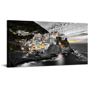 LevvArts Large Size Italy Picture Wall Art Canvas Black and White Manarola Sunset Night Photo Photograph Art Painting for Home Living Room Ready to Hang 24"x48"