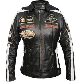 Ladies Retro Biker Badges Logos Genuine Leather Padded Motorcycle Jacket with Armor