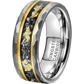 8mm Silver/Black Hammered Tungsten Rings for Men Women Meteorite Chip Gold Foil Inlay Promise Engagement Wedding Band Matte Finish Comfort Fit