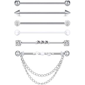 14g Industrial Piercing Jewelry Barbell Surgical Steel Cartilage Earrings CZ Industrial Earring Crystal Ferido Industrail Piercing 1 1/2"(38mm) Bar Length For Women