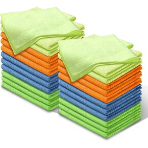 Universal 16" L X 12" W 12 Pcs Ultra Soft Microfiber Cleaning Towel Cloth for Car Washing Dusting Automotive Garage Home Office Furniture Bath Windows Yellow Orange Blue Green