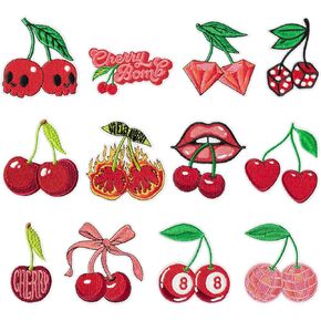 12Pcs Cherry Iron on Patches Cute Fruit Cherry Bomb Sew on Repair Embroidered Applique Red Aesthetic Girly Style Bow Skull Lip DIY Crafts Accessories Gifts for Girls Women Clothing Backpack Hat