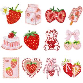 12Pcs Strawberry Iron on Patches Cute Fruit Cake Bow Sew on Repair Embroidered Applique Pink Red Coquette Aesthetic Girly Style DIY Craft Accessories Gifts for Preppy Girls Women Clothing Backpack Hat