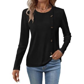 Women's Long Sleeve Tops Crew Neck T Shirts Button Side Casual Tunic Tops