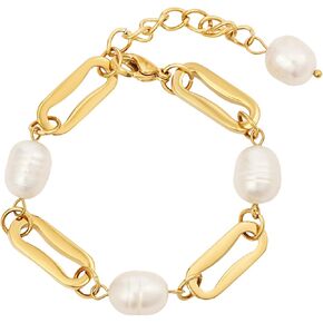 Sylph Gold Pearl Bracelets For Women Dainty Baroque Pearl Bracelet 18K Gold Plated Cultured Freshwater Pearl Bracelet Fashion Charm Link Strand Bracelets Delicate Vintage Jewelry Boho Gifts