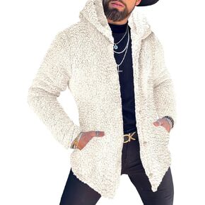 Runcati Mens Fuzzy Sherpa Hoodie Long Sleeve Button Down Fleece Jackets Casual Winter Hooded Sweatshirt