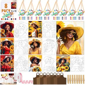 QUANWAISJ 8 Pcs Pre-Drawn Canvas to Paint for Adults, Paint and Sip Kit for Girls Night, 8×10 Painting Date Night Party Supplies (Sunflower)