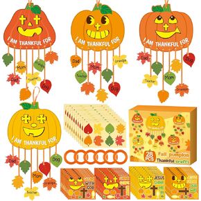 WATINC Fall Pumpkin Craft Kit - 28Pcs Christian Thankful Pumpkin Hanging Ornaments with Leaves Strings Decor, DIY Religious Fall Thanksgiving Pumpkin Faith Craft for Kids School Party Home Activities