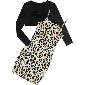 Girls 2 Piece Outfits Adjustable Shoulder Strap Cami Dress with Long Sleeve Blouse Top Set for 5-12 Years