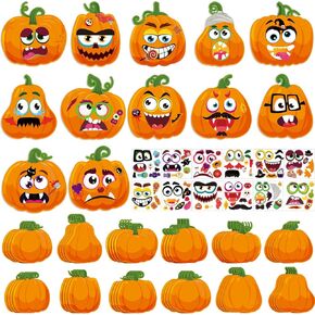 48 Sets Halloween Pumpkin Craft Kit Bulk DIY Pumpkin Face Decorating Stickers Make Your Own Funny Jack-o-Lantern Face Decal for Halloween Home Party Favor Supplies Activity
