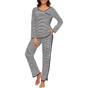 Womens Cotton Pajama Sets 2 Piece Lounge Set Stripe Long Sleeve Comfy Pj Set Fall Loungewear Sleepwear with Pockets