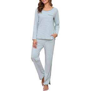 Womens Cotton Pajama Sets 2 Piece Lounge Set Stripe Long Sleeve Comfy Pj Set Fall Loungewear Sleepwear with Pockets