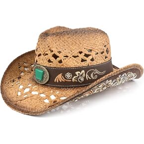 Men's Western Cowboy Hats，Women Cowgirl Straw Hats，Faux Suede Embroidered Sun Hats
