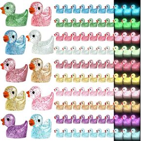 100 Pcs Luminous Mini Resin Ducks Glitter Miniature Figures Tiny Ducks for DIY Fairy Garden Micro Landscape Aquarium Hide and Seek Prank Dollhouse Cake Potted Plants Decoration (10 Colors)