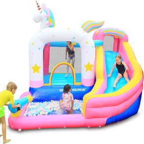 Doctor Dolphin Inflatable Bounce House for Kids, Bounce House with Water Slide, Waterslide Unicorn Bounce House with Blower for Wet and Dry