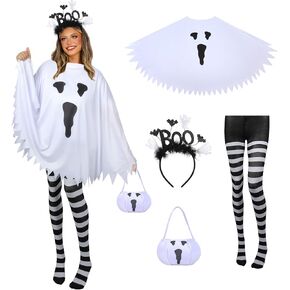 4 PCS Halloween Costume Set for Women Adult Ghost Costume, Ghost Costume Poncho, Candy bag, Ghost Headband and Nylon Striped Tights for Halloween Cosplay Party
