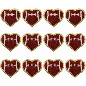 12 PCS Football Heart Patch Football Iron On Patches Gold Edges Chenille Football Sports Patches for DIY Decorative Clothes