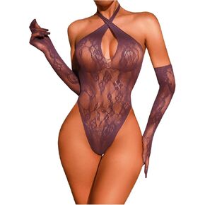 ملابس داخلية نسائية من MakeMeChic من الدانتيل الزهري مع رسن بدون ظهر مع قفازات