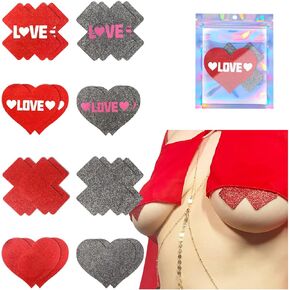 Glitters Pasties Nipple Covers Sticky for Women Disposable Self-adhesive Sexy Breast Petals (Valentine-Red and Grey)