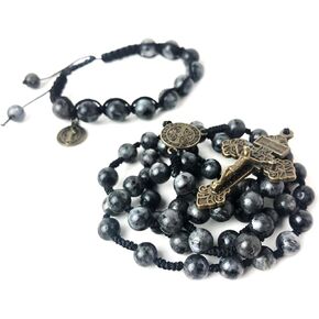 Catholic Heirlooms St. Benedict Black Labradorite 8mm Stone Cord Rosary with 10mm Bracelet Set
