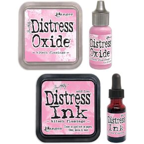 Tim Holtz Distress Kitsch Flamingo February 2021 Release, Distress Oxide Ink Pad and Oxide Reinker, Distress Ink Pad and Distress Reinker, Bundle of 4 Items