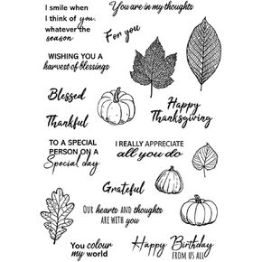 Arbuya Thanksgiving Autumn Clear Stamps for Card Making or Journaling, Pumpkin fall Leaves Sentiment Rubber Stamps for Journals Albums Scrapbooking Paper Crafts