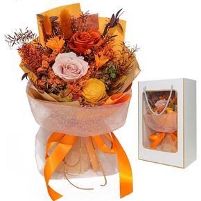 Preserved Fall Flowers Bouquets, Long Lasting Orange Rose Flower for Autumn Decorations, Exquisite Floral Gifts for Fall Decor, Anniversary, Birthday, Congratulations, Get Well, Sympathy, Thanksgiving