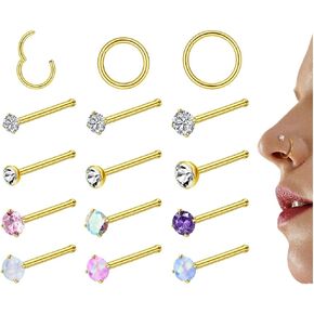 6-15 قطعة 20 جرام من حلقات الأنف 18 جرام للنساء والرجال 316L من الفولاذ المقاوم للصدأ حلقات أنف مفصلية، حلقات أنف مستقيمة على شكل حرف L، مجوهرات ثقب الأنف، فضي وذهبي (ذهبي-أوبال-مستقيم) in Kuwait