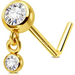 Jewseen 14K Gold Nose Rings 20g L Shaped Nose Stud Dangle Cubic Zirconia Nose Piercing Jewelry for Women Men