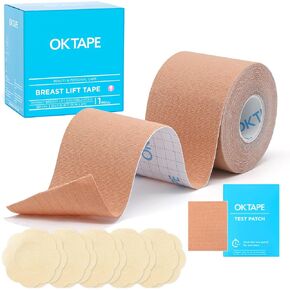 OK TAPE Breast Lift Tape, Boob Tape for Large Breasts Lift with 5 Pairs Nipple Cover Set, Breathable and Invisible Body Tape for A-G Cup, Pink,3 x 16.4ft