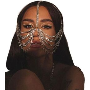 سابق 1920s قناع تنكر حجر الراين رئيس سلسلة الزعنفة متعددة الطبقات شرابة كريستال الوجه أغطية الرأس ملهى ليلي الوجه الشعر مجوهرات خوذة للنساء in Kuwait