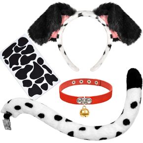 MUKOSEL Dalmatian Ears Headband and Dog Tail Collar and Felt Stickers Set, Dalmatian Costume Puppy Dog Ears Costume for Adult Women Halloween Costume Accessories Party Dress Up
