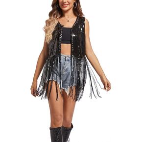 MISI CHAO Sequin Fringe Vest - Sparkly Tassels Jacket Rivet Sleeveless Open Front Tops Glitter Party Cowgirl Concert Outfits