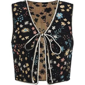 Verdusa Women's Tie Front Jacquard Vest Waistcoat Boho Sleeveless Jacket