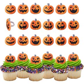 DecoPac Jack O' Lantern Cupcake Rings, 24 Spooky Pumpkin Cupcake Toppers For Halloween Parties & Celebrations, Orange Food Safe Cake Toppers – 24 Pack