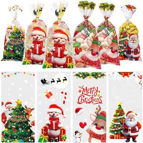 QOIUSO Christmas Treat Bags Cellophane Bags: 60 PCS Christmas Candy Bags with Ties for Goodie Snacks Gifts Wrapping, Clear Cellophane Xmas Gift Bags for Christmas Party Favor Supplies- 4 Style