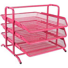 EasyPAG Desk Organizer Tray with 3 Sliding Trays for Letters Documents Mail Files Paper, Pink