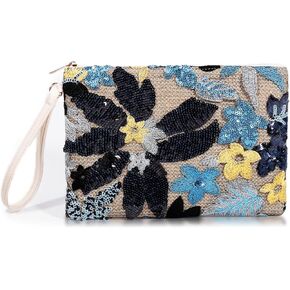 Clutch Purses for Women, Straw Bag, Bohemian Handmade Sequin Embroidered Flowers Envelope Package, Leather wristbands, Beach Handbags for Vacation, Travel, Banquet(Black Flower)