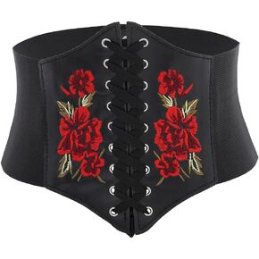 Urieo Elastic Rose Lace-up Corset Belt Stretchy Tied Black Waspie Belts Wide Halloween Dress Cincher Waist Belt for Women