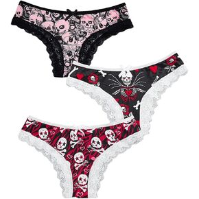 WDIRARA Women's 3 Pack Skull Graphic Print Hipster Panties Lace Trim Triangle Underwear Briefs