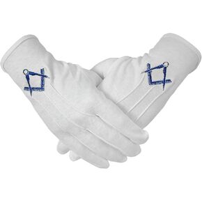 Masonic Gloves Embroidered With Navy Blue Square & Compass Cotton
