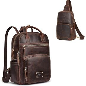 S-ZONE Genuine Leather Backpack Purse with Sling Bag for Men Women Crossbody Shoulder Bag Backpack Purse Hiking Daypack Travel
